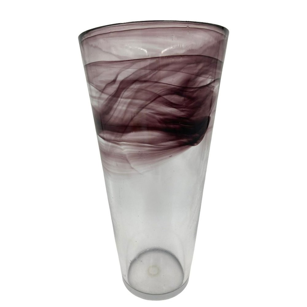 Art Glass Vase Clear w Wispy Purple Amethyst Swirls Table Vase Purple Home Decor